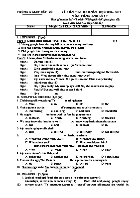 Đề kiểm tra học kỳ II môn Tiếng Anh Lớp 7 - Năm học 2016-2017 - Phòng GD & ĐT Đất Đỏ